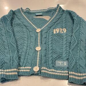 Taylor Swift Teal Cable Knit Button-Front Cardigan 1989 with Contrast Trim